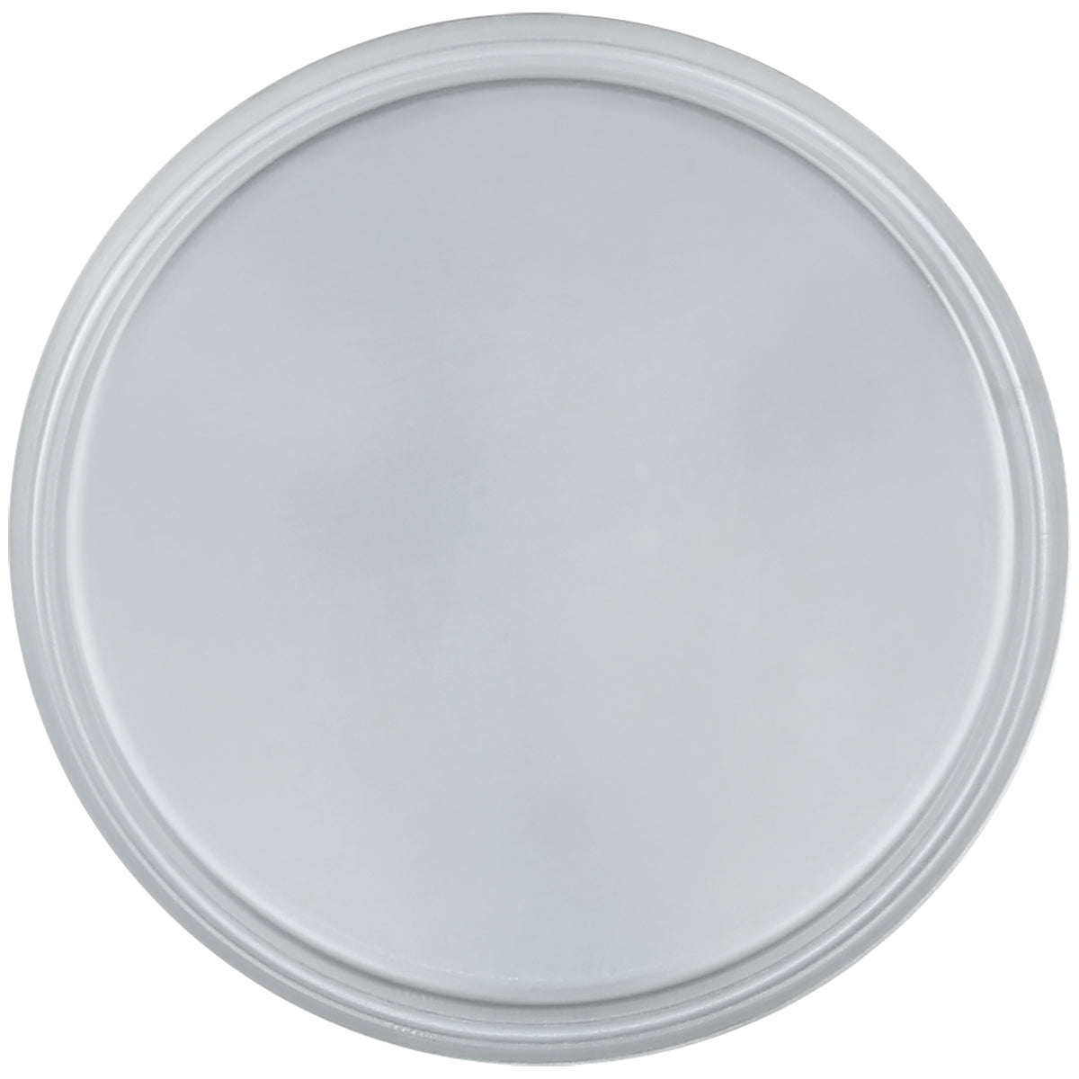 A plain, round, aluminum silver tray with a slightly raised outer edge. The surface is smooth and unadorned, and the lighting creates a soft shine across the tray, emphasizing its metallic texture and chef approved design.