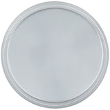 A plain, round, aluminum silver tray with a slightly raised outer edge. The surface is smooth and unadorned, and the lighting creates a soft shine across the tray, emphasizing its metallic texture and chef approved design.