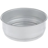A round, stackable aluminum baking pan with straight sides and a flat bottom. The empty dough proofing pan is photographed against a plain white background, highlighting its shiny, smooth surface and simple design.