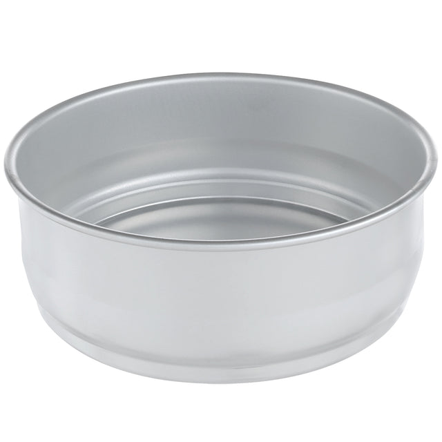 A round, stackable aluminum baking pan with straight sides and a flat bottom. The empty dough proofing pan is photographed against a plain white background, highlighting its shiny, smooth surface and simple design.