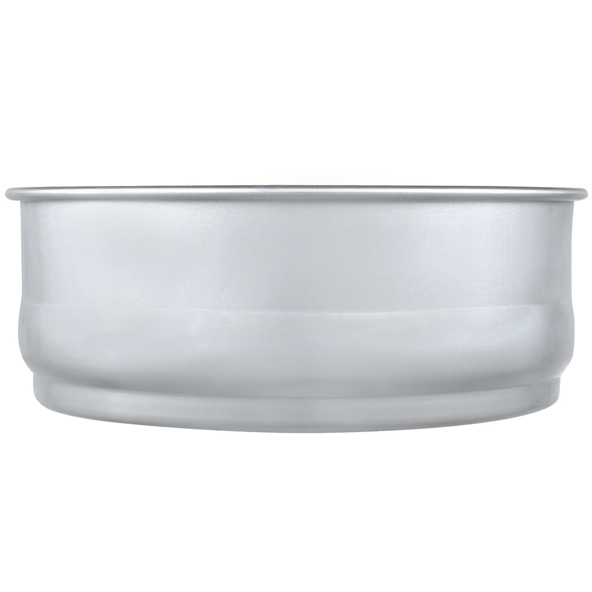 A plain, round aluminum bowl with a smooth, shiny surface is shown against a white background. This stackable dough proofing pan features a slightly flared rim and simple, utilitarian design with no handles or decorations.