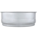 A plain, round aluminum bowl with a smooth, shiny surface is shown against a white background. This stackable dough proofing pan features a slightly flared rim and simple, utilitarian design with no handles or decorations.