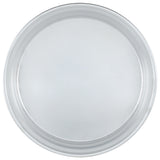 A round, plain, aluminum tray viewed from above. The smooth, flat surface has a slightly raised rim and no decorations or patterns. Ideal as a stackable dough proofing pan, it sits on a white background.