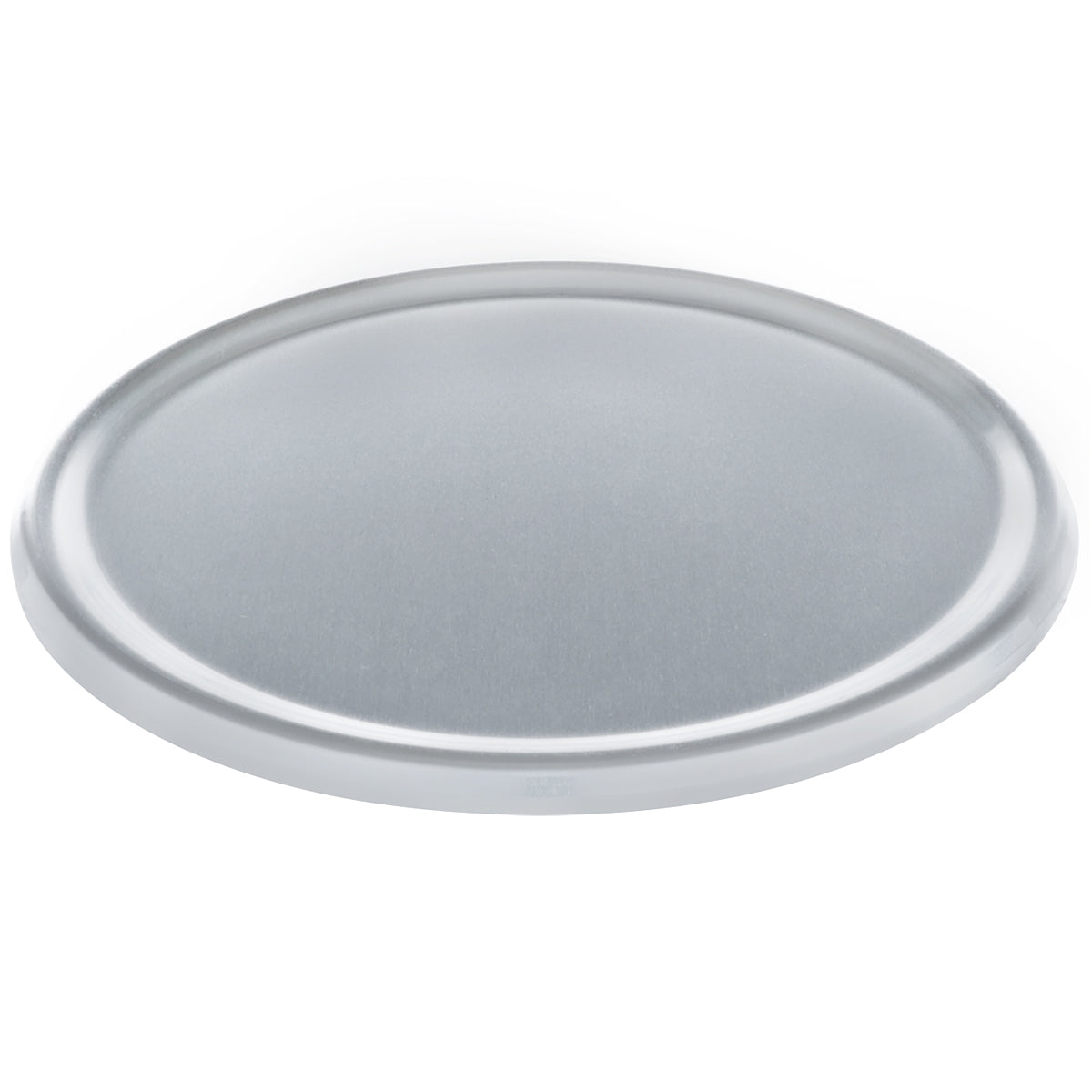 A round, silver aluminum tray with a smooth, flat surface and slightly raised edges. Chef Approved, its reflective metallic finish gives it a clean, minimalistic look—perfect as a dough proofing pan lid on any plain white background.