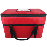 A large, rectangular, red insulated carrier with black handles and a zipper closure on top. Chef approved for excellent temperature retention, it features a transparent window pocket on the lid and is shown empty against a plain white background.