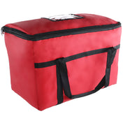 A large red Chef Approved Insulated Carrier with black handles and a zippered top. The bags durable fabric and rectangular shape ensure excellent temperature retention when transporting food or groceries hot or cold.