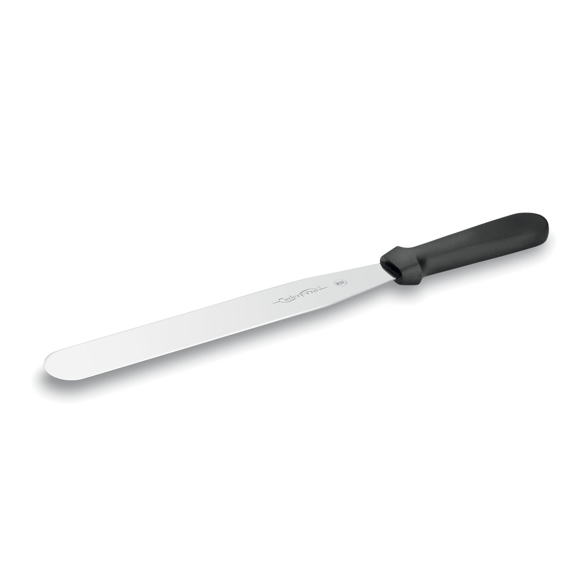 A long, narrow stainless steel spatula with a rounded tip and black plastic handle, typically used for spreading icing on cakes, lifting baked goods, or as a crepe maker tool. The reflective blade is slightly flexible and the handle ergonomically shaped.