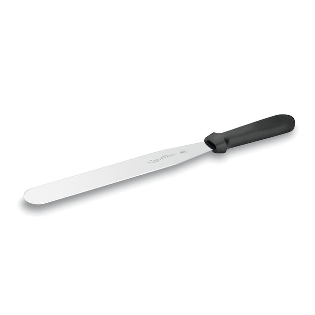 A long, narrow stainless steel spatula with a rounded tip and black plastic handle, typically used for spreading icing on cakes, lifting baked goods, or as a crepe maker tool. The reflective blade is slightly flexible and the handle ergonomically shaped.