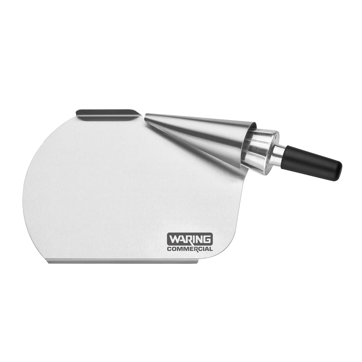 A stainless steel Waring Commercial pizza cutter with a large, flat, rounded blade and black handle, designed as both a pizza cutter and Forming Tool. The blade features the Waring logo and a unique cone-shaped section near the handle.