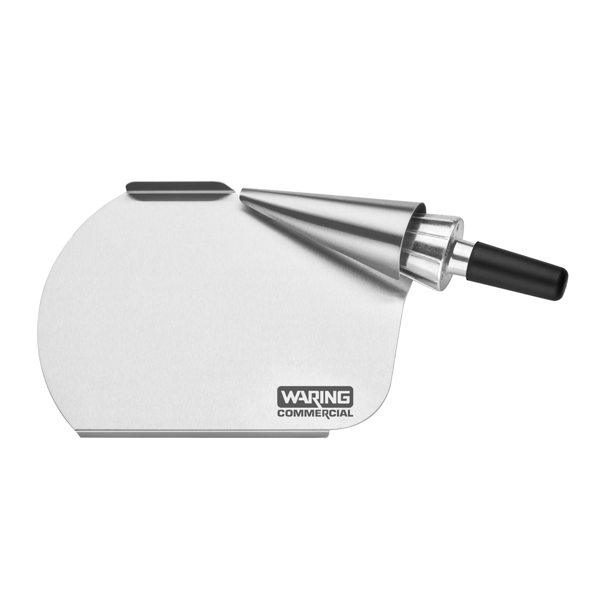 A stainless steel dough scraper and forming tool with a rounded edge, angled cone attachment for waffle cone rolling, and a black handle. The "Waring Commercial" logo is displayed on the flat metal surface, designed for commercial kitchen use. Shown on white background.