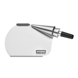 A stainless steel dough scraper and forming tool with a rounded edge, angled cone attachment for waffle cone rolling, and a black handle. The "Waring Commercial" logo is displayed on the flat metal surface, designed for commercial kitchen use. Shown on white background.