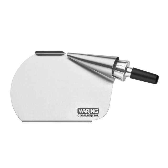 A stainless steel dough scraper and forming tool with a rounded edge, angled cone attachment for waffle cone rolling, and a black handle. The "Waring Commercial" logo is displayed on the flat metal surface, designed for commercial kitchen use. Shown on white background.