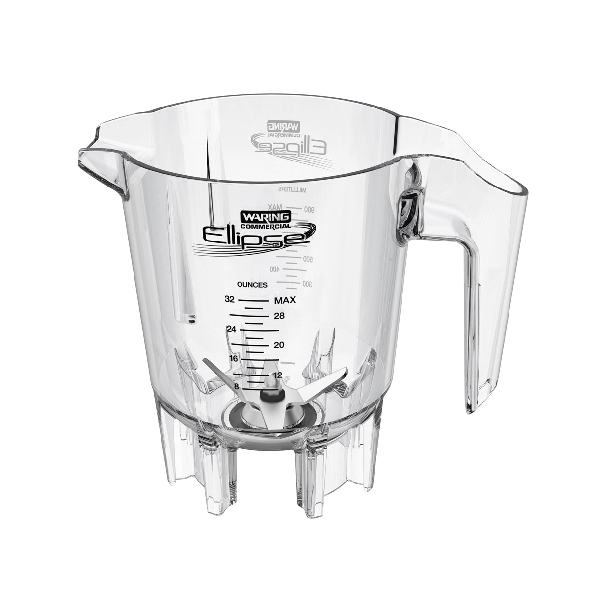 A clear plastic Waring Ellipse jar with a large handle and pouring spout; 32 oz measurement markings in ounces are printed on the side. Metal blades are fixed at the bottom inside, and the base has gear notches for attaching to a blender.