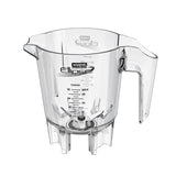 A clear plastic Waring Ellipse jar with a large handle and pouring spout; 32 oz measurement markings in ounces are printed on the side. Metal blades are fixed at the bottom inside, and the base has gear notches for attaching to a blender.
