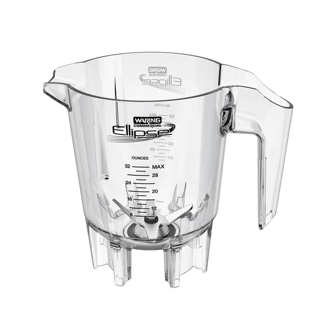 A clear plastic Waring Ellipse jar with a large handle and pouring spout; 32 oz measurement markings in ounces are printed on the side. Metal blades are fixed at the bottom inside, and the base has gear notches for attaching to a blender.