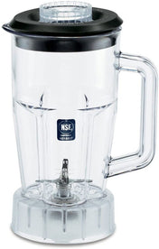 A clear 48 oz polycarbonate blender container with measurement markings, sturdy handle, and metal blades. The jar features an NSF certification label and sits on a transparent base. Includes a black Waring lid with removable center cap.