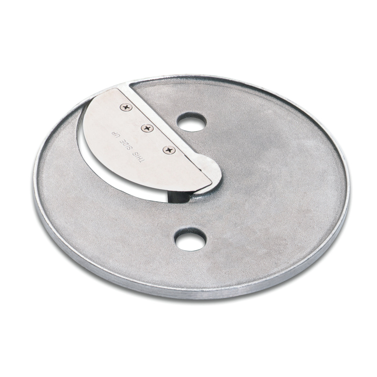 A round metal Waring FP2200 slicing plate featuring two large circular holes and a sharp, crescent-shaped blade attached by four screws, designed for efficiently slicing vegetables or fruits in compatible kitchen appliances.
