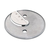 A round metal Waring FP2200 slicing plate featuring two large circular holes and a sharp, crescent-shaped blade attached by four screws, designed for efficiently slicing vegetables or fruits in compatible kitchen appliances.