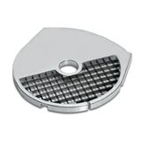 A round metal dicing plate with a central hole and a grid of square cutting edges. The blade fits FP2200 Waring food processors, featuring a flat top and angled lower edge for efficient slicing or dicing in commercial kitchens.