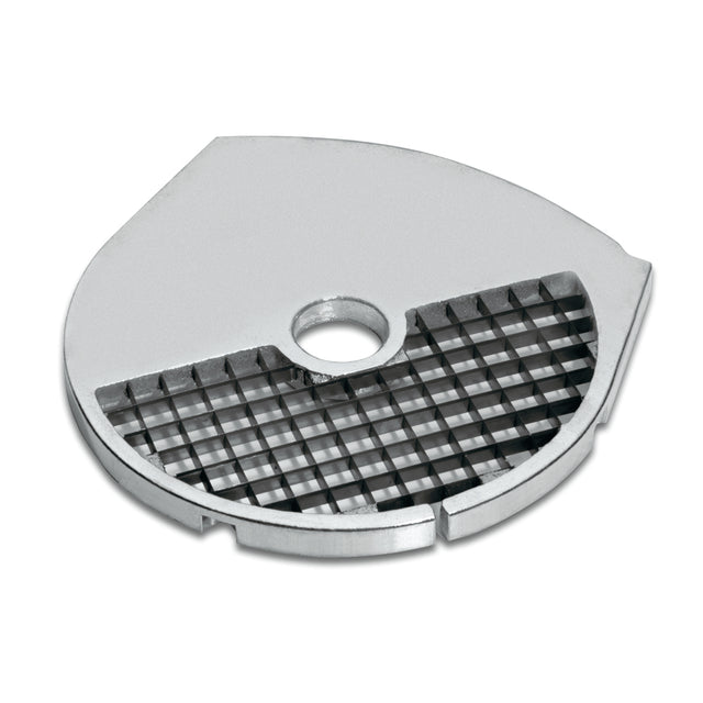 A round metal dicing plate with a central hole and a grid of square cutting edges. The blade fits FP2200 Waring food processors, featuring a flat top and angled lower edge for efficient slicing or dicing in commercial kitchens.
