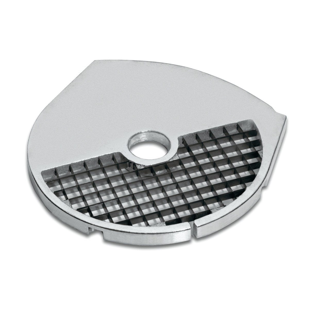 A round, metallic Dicing Plate with a grid of square openings and a central hole for attachment. Designed for the Waring FP2200 food processor, its smooth surface allows efficient cutting or dicing of food items.