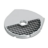 A round, metallic Dicing Plate with a grid of square openings and a central hole for attachment. Designed for the Waring FP2200 food processor, its smooth surface allows efficient cutting or dicing of food items.