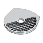 A round, metallic Dicing Plate with a grid of square openings and a central hole for attachment. Designed for the Waring FP2200 food processor, its smooth surface allows efficient cutting or dicing of food items.
