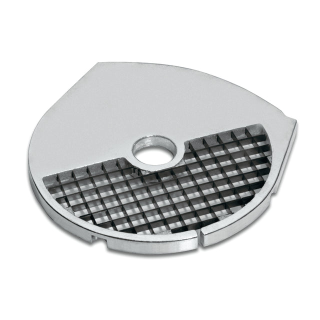 A round, metallic Dicing Plate with a grid of square openings and a central hole for attachment. Designed for the Waring FP2200 food processor, its smooth surface allows efficient cutting or dicing of food items.