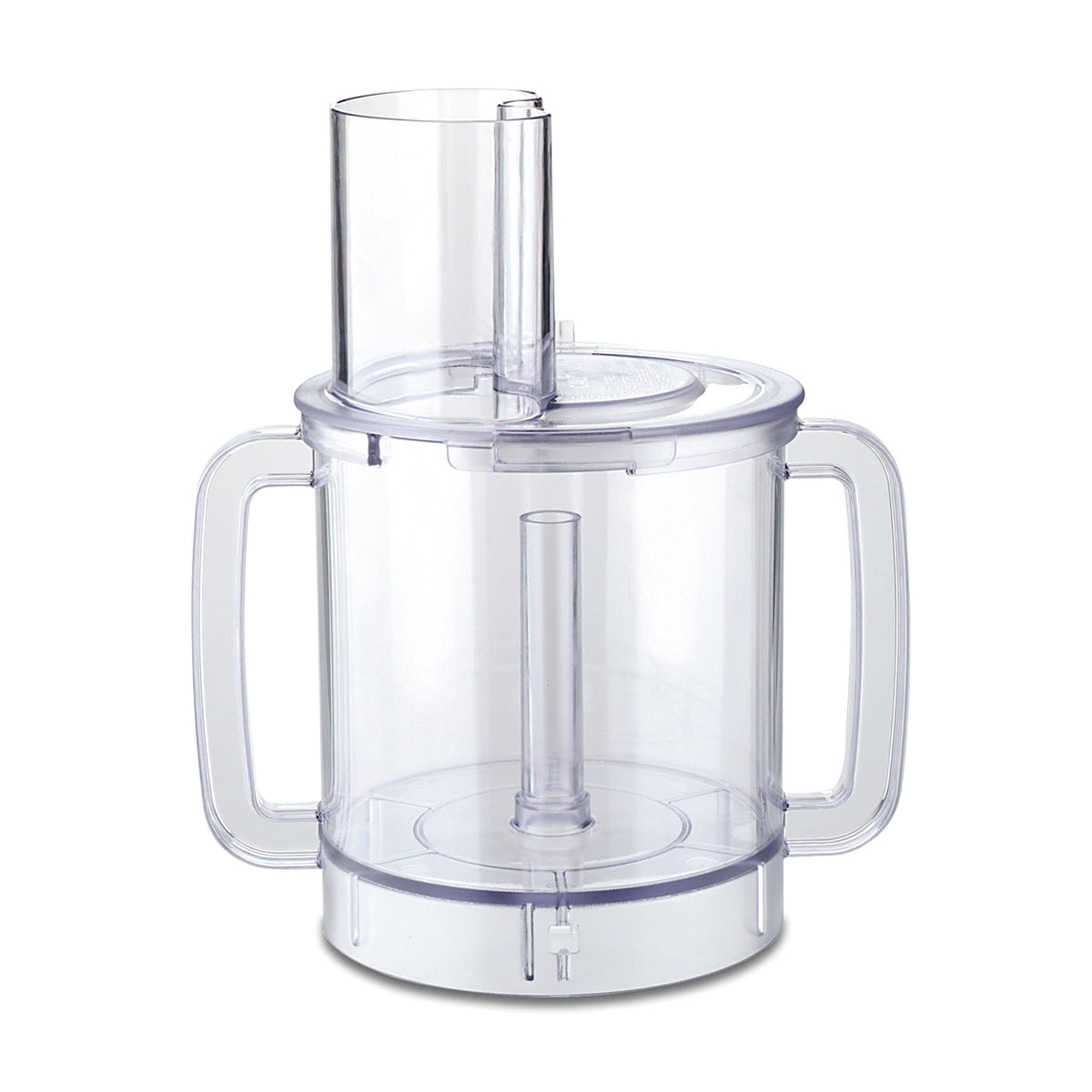 A transparent Waring FP2200 batch bowl food processor with two side handles, a central vertical spindle for attachments, and a cylindrical feed tube in the lid. The empty bowl sits on a plain white background.