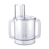 A transparent Waring FP2200 batch bowl food processor with two side handles, a central vertical spindle for attachments, and a cylindrical feed tube in the lid. The empty bowl sits on a plain white background.