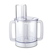 A transparent Waring FP2200 batch bowl food processor with two side handles, a central vertical spindle for attachments, and a cylindrical feed tube in the lid. The empty bowl sits on a plain white background.