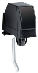 A black, box-shaped electric can opener with a large front cutting mechanism and a silver ssrlever handle, positioned against a plain white background. The device appears modern and compact, designed for countertop use.
