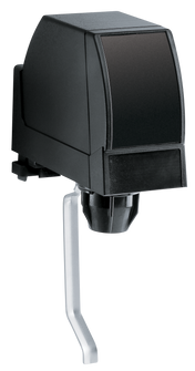 A black, box-shaped electric can opener with a large front cutting mechanism and a silver ssrlever handle, positioned against a plain white background. The device appears modern and compact, designed for countertop use.