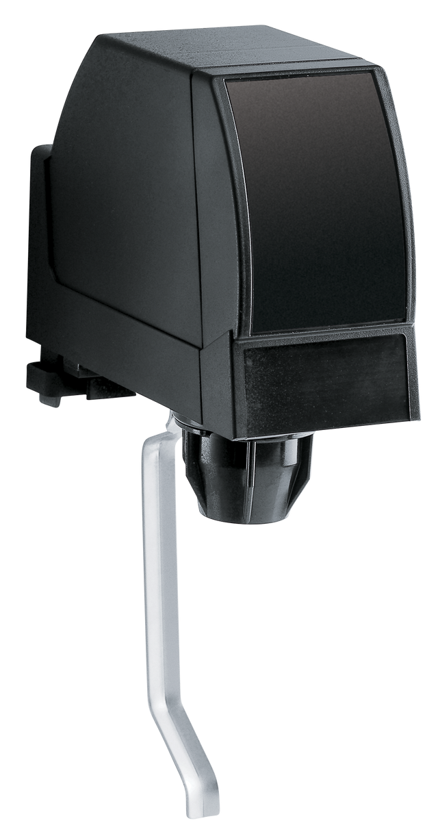 A black, box-shaped electric can opener with a large front cutting mechanism and a silver ssrlever handle, positioned against a plain white background. The device appears modern and compact, designed for countertop use.