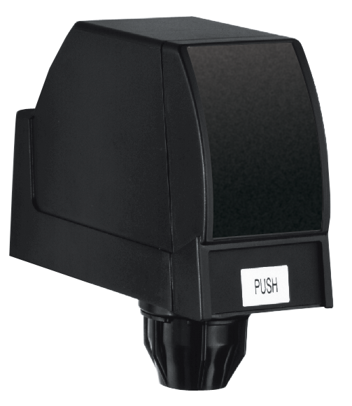 A black rectangular Cornelius 561000162 beverage dispenser nozzle with a slanted top and “PUSH” label on the front. The utilitarian Pushbtn 2 valve design extends downward for dispensing liquid, commonly found on soda fountain machines. Plain white background.