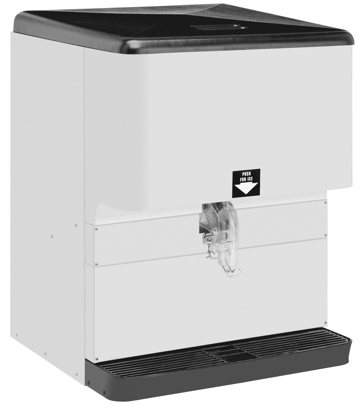 A large, rectangular countertop ice dispenser with a black top and white body. Featuring a “Press for Ice” label, clear chute, and drip tray, this modern unit offers 250 lbs. ice capacity—ideal for commercial settings.