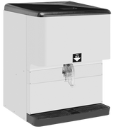A large, rectangular countertop ice dispenser with a black top and white body. Featuring a “Press for Ice” label, clear chute, and drip tray, this modern unit offers 250 lbs. ice capacity—ideal for commercial settings.