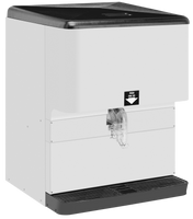 A large, rectangular countertop ice dispenser with a black top and white body. Featuring a “Press for Ice” label, clear chute, and drip tray, this modern unit offers 250 lbs. ice capacity—ideal for commercial settings.