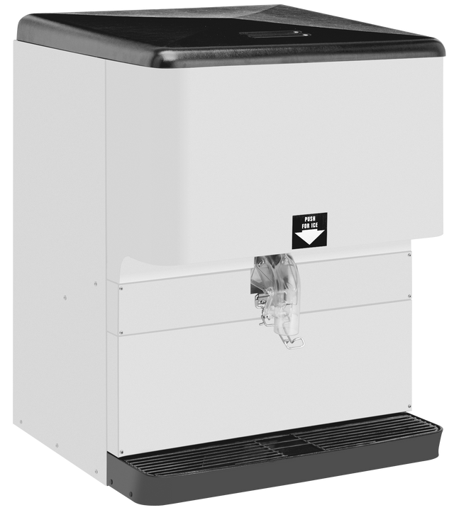 A large, rectangular countertop ice dispenser with a black top and white body. Featuring a “Press for Ice” label, clear chute, and drip tray, this modern unit offers 250 lbs. ice capacity—ideal for commercial settings.