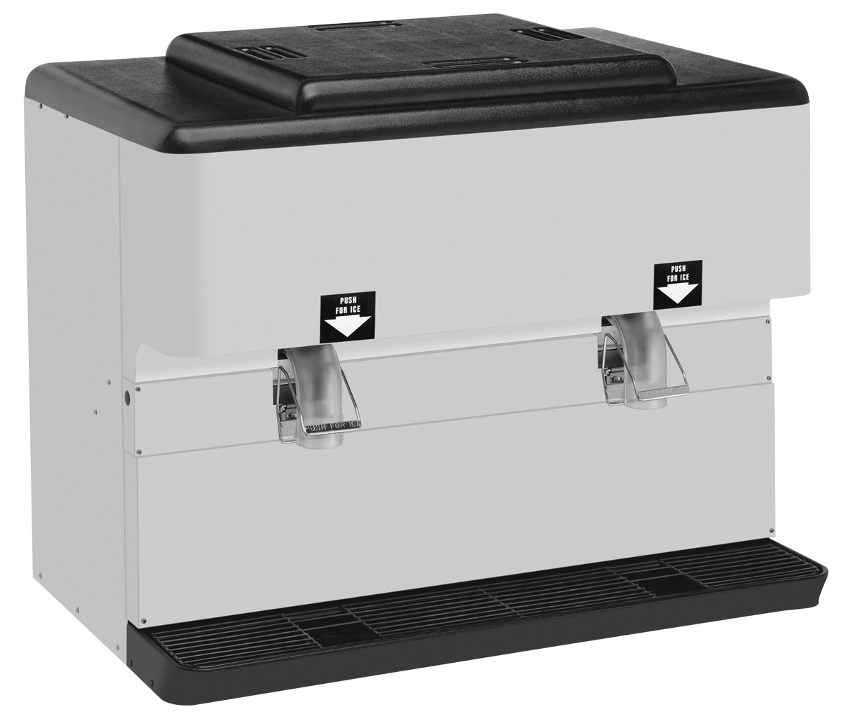 A countertop ice dispenser with a 300 lbs. ice capacity, featuring two metal spouts labeled “Push for Ice” and a black drip tray, all housed in a rectangular unit with a white body and black top.