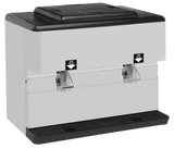 A countertop ice dispenser with a 300 lbs. ice capacity, featuring two metal spouts labeled “Push for Ice” and a black drip tray, all housed in a rectangular unit with a white body and black top.