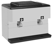 A countertop ice dispenser with a 300 lbs. ice capacity, featuring two metal spouts labeled “Push for Ice” and a black drip tray, all housed in a rectangular unit with a white body and black top.