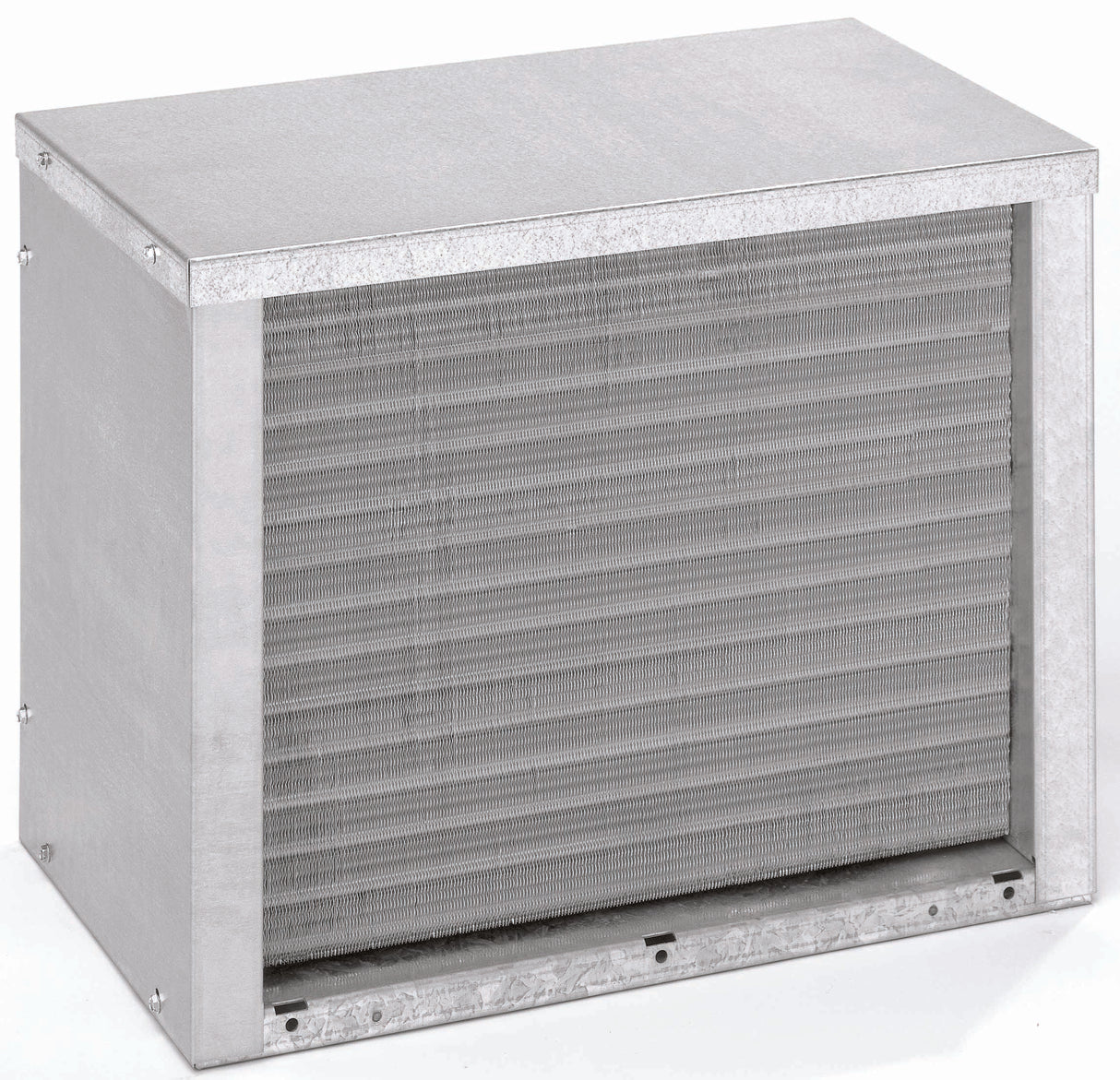 A rectangular metal HVAC air filter with a pleated surface, enclosed in a sturdy metallic frame—ideal for use with systems like a remote condenser. The clean, new filter shows fine mesh layers designed for capturing airborne particles.