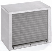 A rectangular metal HVAC air filter with a pleated surface, enclosed in a sturdy metallic frame—ideal for use with systems like a remote condenser. The clean, new filter shows fine mesh layers designed for capturing airborne particles.