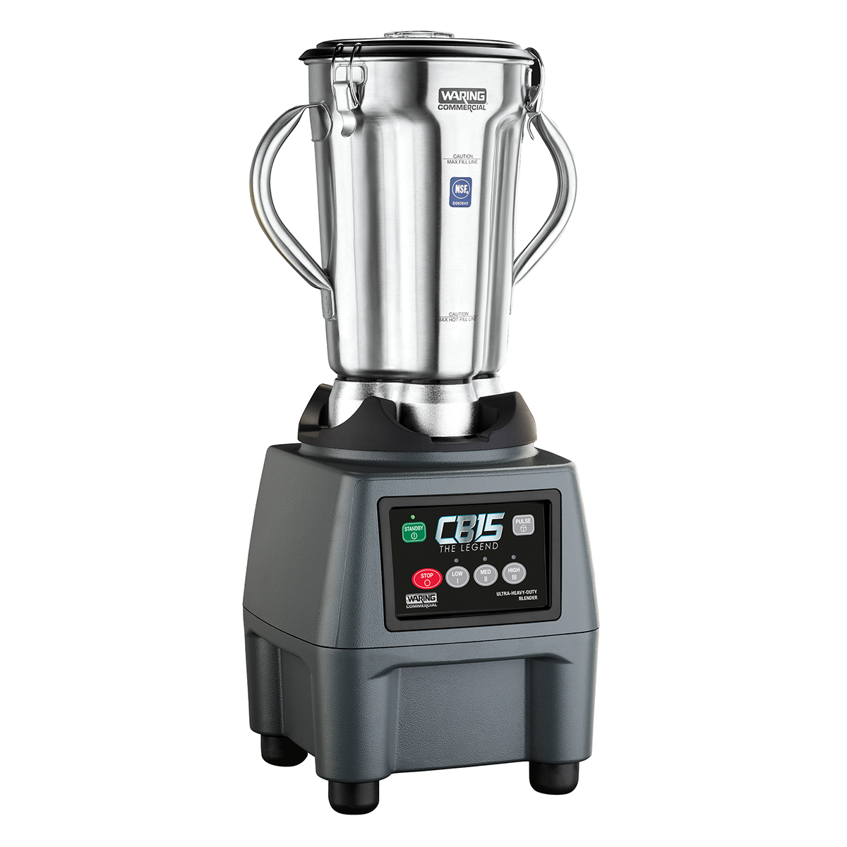 A commercial blender with a 3.75 HP motor features a large, stainless steel container and two handles, resting on a sturdy gray base. Its control panel offers start, stop, and timer buttons labeled CB15 THE ELECTRONIC and Waring Commercial.