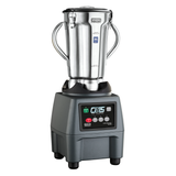 A commercial blender with a stainless steel container features two side handles and a secure lid. The black base offers variable speed control via a digital panel with large start, stop, and pulse buttons; the CB15 model name stands out prominently.