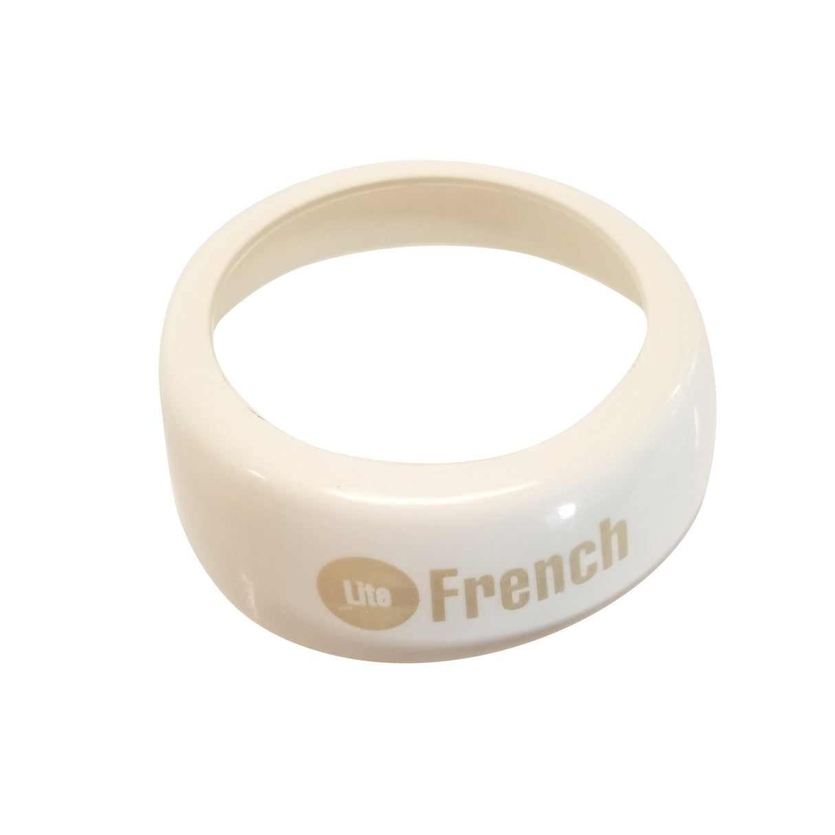 A white Dispenser ID Collar from TableCraft Products, with "Lite French" printed in beige text. The circular collar features a thick, rounded edge and open center, designed to fit around a container neck. Set against a plain white background.