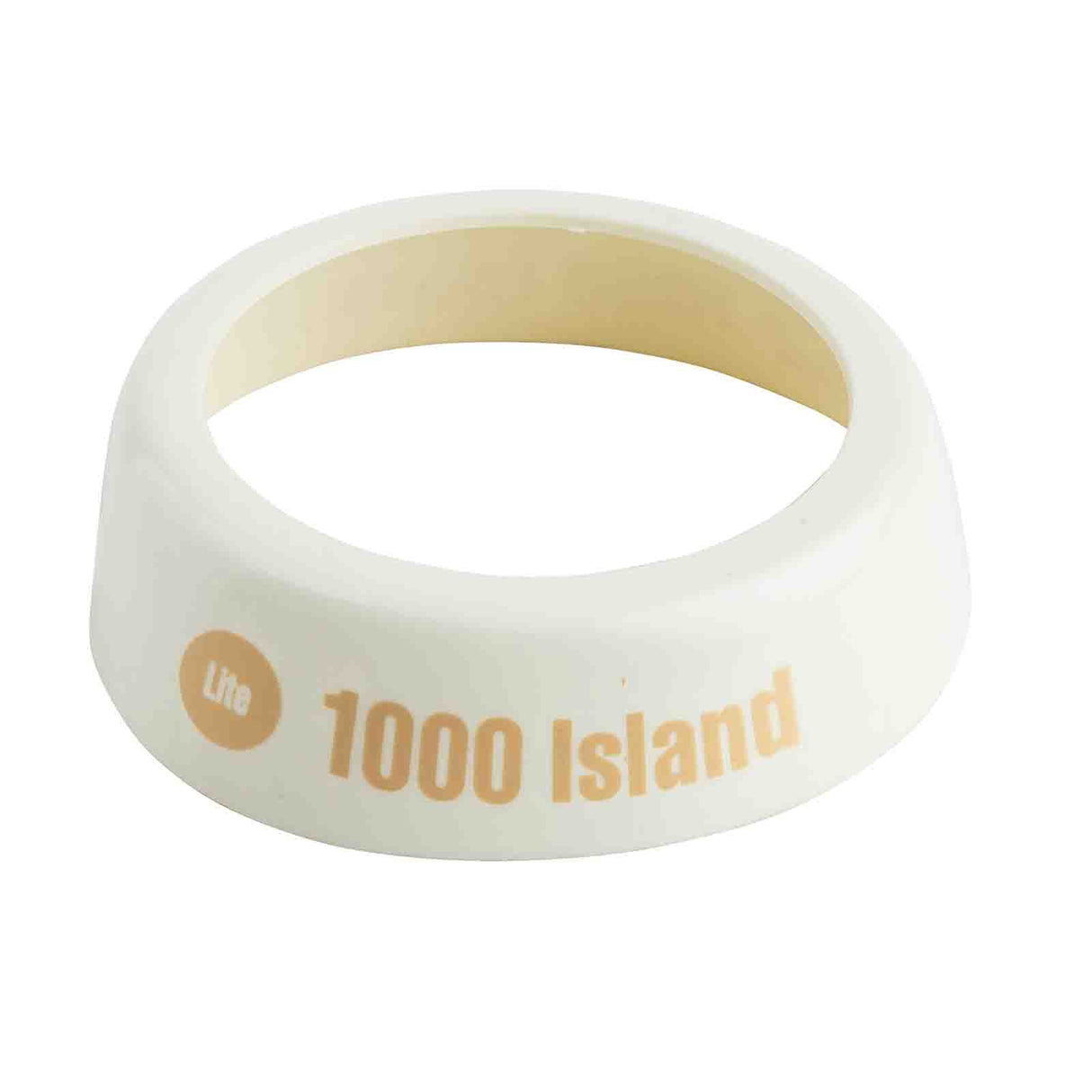 A white, plastic TableCraft Dispenser ID Collar with a wide base and narrow opening. “Lite 1000 Island” is printed in beige on the side, indicating it identifies 1000 Island salad dressing. The background is plain white.