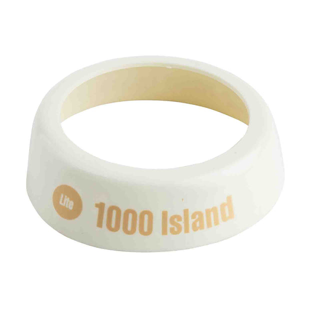A white, plastic TableCraft Dispenser ID Collar with a wide base and narrow opening. “Lite 1000 Island” is printed in beige on the side, indicating it identifies 1000 Island salad dressing. The background is plain white.