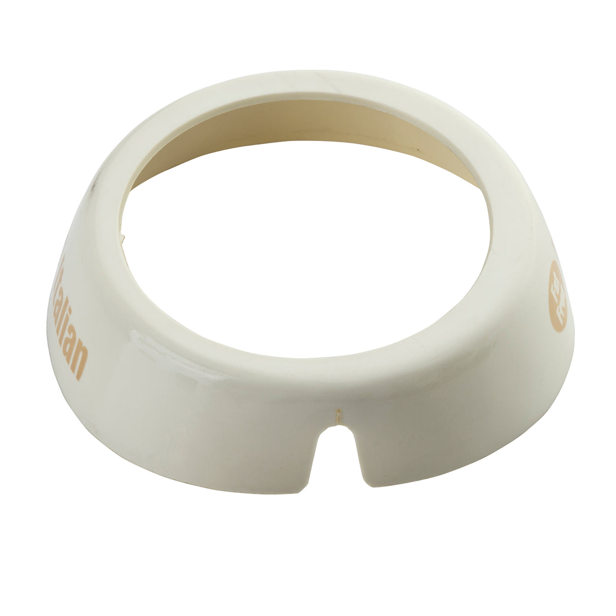 A round, white plastic Dispenser ID Collar with a wide base and a circular opening in the center. There’s a small notch on the bottom edge and beige text partially visible on the side, possibly from TableCraft Products. Appears to be Italian-inspired.